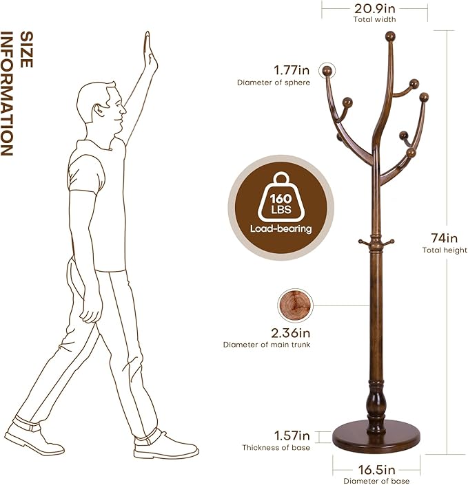 Wood Coat Rack Coat Tree Freestanding with Hooks, Heavy Duty Standing Coat Rack with Solid Round Base, 74” Tree Shaped Coat Hanger Stand for Clothes, Hat, Jacket, Entryway Bedroom, Walnut-DeskLoop Office