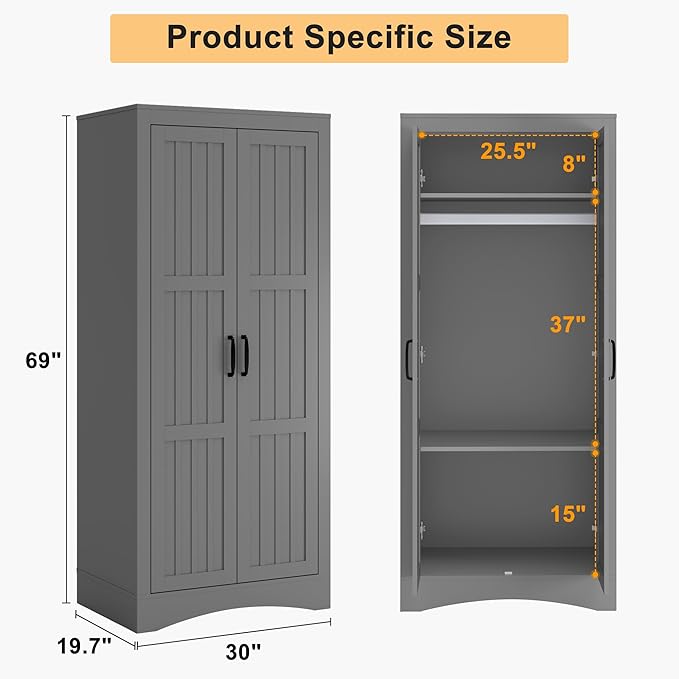 2 Door Wardrobe Closet, Wood Armoire with 2 Shelves and Hanging Rod, Freestanding Tall Storage Cabinet, Bedroom and Guest Room Armoire Cabinet for Clothes Storage, Gray-DeskLoop Office