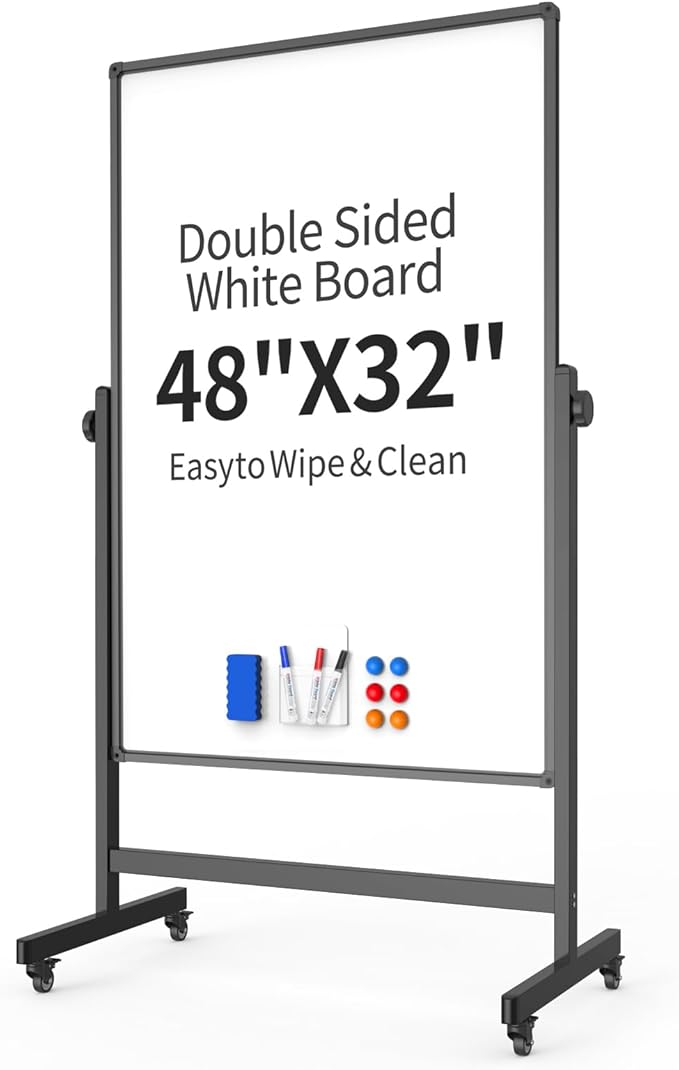 48x32inches Mobile Whiteboard - Adjustable Height, Standing Whiteboard on Wheels, Double-Sided Magnetic Dry Erase Board for Office, Home, Classroom-DeskLoop Office