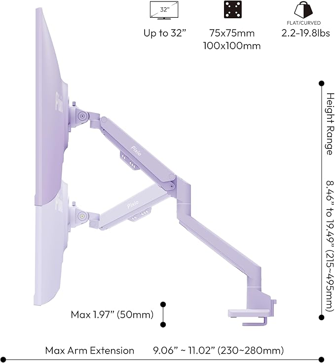 Pixio PS1S Wave Purple Single Monitor Arm Stand Desk Mount - Fits up to 32 inches Monitors and up to 19.8lbs. VESA Compatibility and Integrated Cable Management-DeskLoop Office