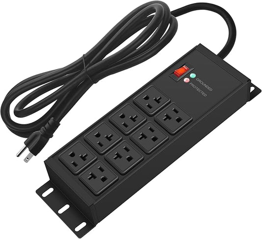 CCCEI Black Heavy Duty Power Strip Surge Protector 20 AMP, 8 Outlets 12 Gauge Industrial Shop Garage Metal Multiple Outlets, 20 FT Extension Cord 5-15P Adapter High Amp 6-20R T-Slot 20a for Appliance