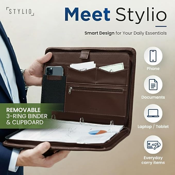 STYLIO Walnut Zipper Portfolio Binder w/Carrying Handle | Removable 3-Ring - Image 2