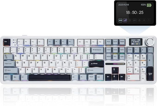 EPOMAKER X Aula F108 PRO Wireless Gaming Keyboard with Screen, 8000mAh Battery, 104 Hot-Swappable and Programmable Keys and Knob, RGB Backlight, for Mac/PC/Android (Blue&White)-DeskLoop Office
