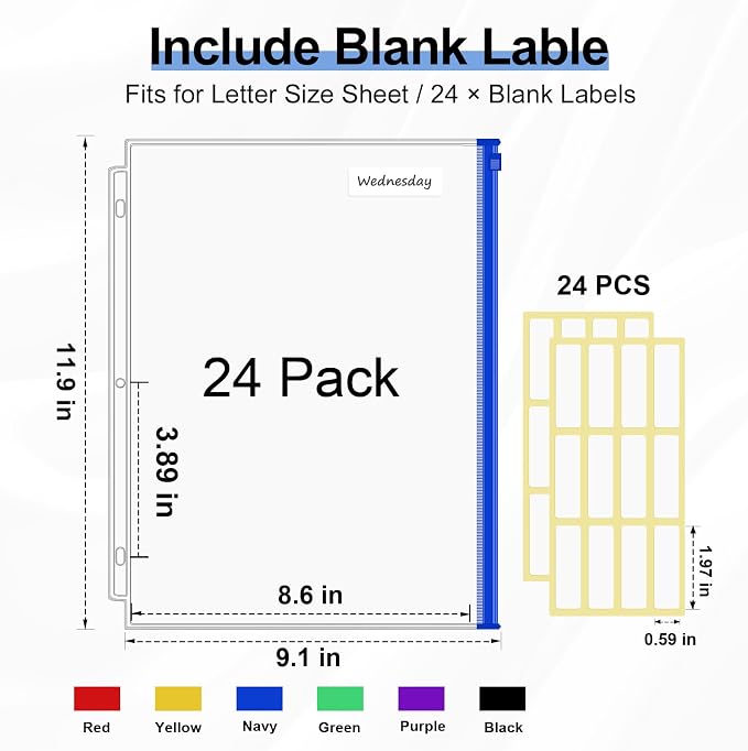 KTRIO 24 Pack Binder Pockets, 8.5 x 11 Colored Zipper Pouches - Image 2
