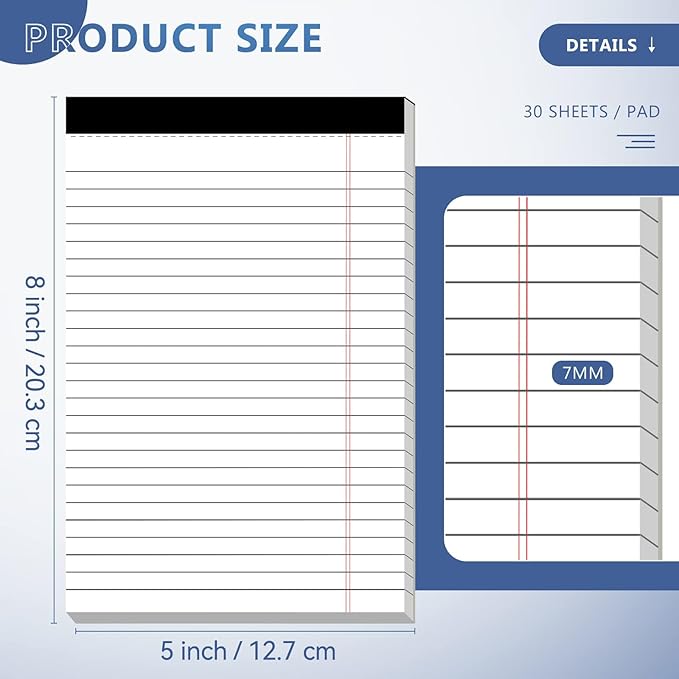 5" x 8" Note Pads 6 Pack of Legal Pads 30 Sheets Notepad College Ruled Small Writing Pads Perforated Pages Paper Pads 80GSM Heavyweight Paper Note Pads for Home, Office, or School-DeskLoop Office