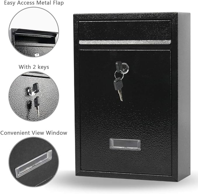 KYODOLED Key Lock MailBoxes for Outside, Locking Wall Mount Mailbox, Security Key Drop Box for Letters Newspapers, Cards, 12.4H x 8.54L x 3.35W Inches, Black-DeskLoop Office