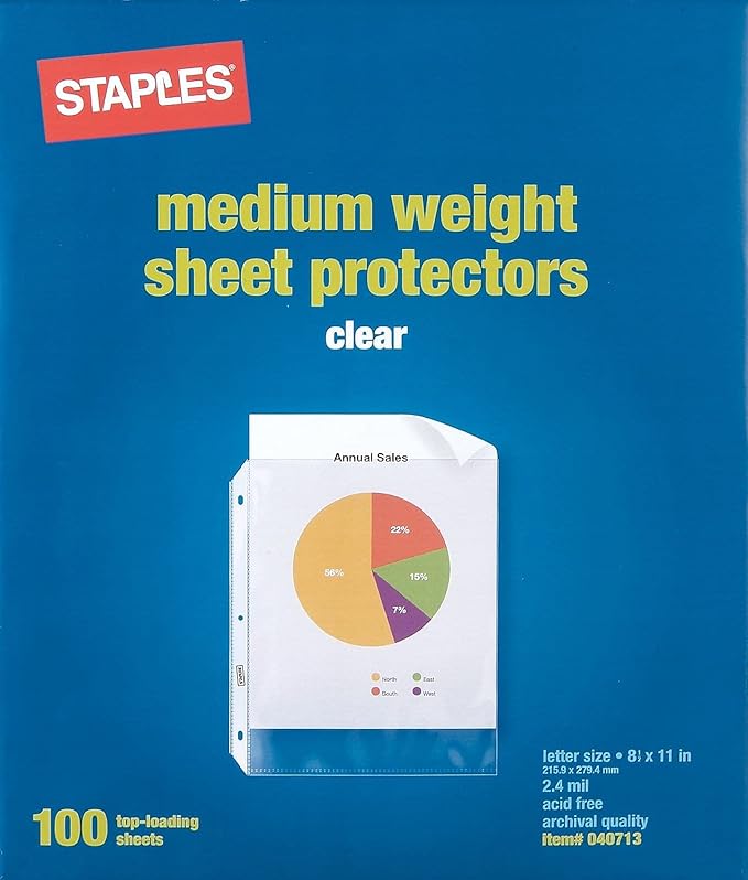 Staples Sheet Protectors, 8.5" x 11", Top‑Loading, 3‑Hole Punched, 2.4 Mil by Staples
