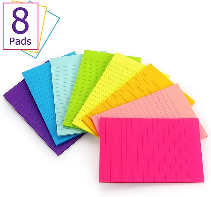 Eastern Wolf 8 Pads Lined Sticky Notes 4x6 Sticky Notes with Lines Self-Stick Note Pads 8 Bright Multi Colors, 35 Sheet/Pad-DeskLoop Office