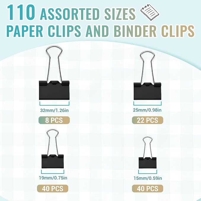 110PCS Black Binder Clips Assorted Sizes, 4 Sizes Large Medium Small Mini Paper - Image 2
