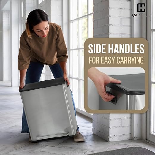 CAPHAUS Black Dual Trash Can w/Single Lid, Trash & Recycle Bins Combo, Hands-Free Stainless-Steel Garbage Can for Kitchen, with 2 Compartment, Hinged Lid, Odor Filters, Handles, 30L+30L, 2 x 8 Gal