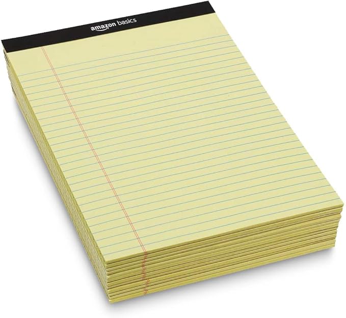 Amazon Basics 50 sheet Wide Ruled Lined Writing Note Pad, 8.5" x 11.75", 12-Pack, 600 Perforated Sheets, Canary-DeskLoop Office
