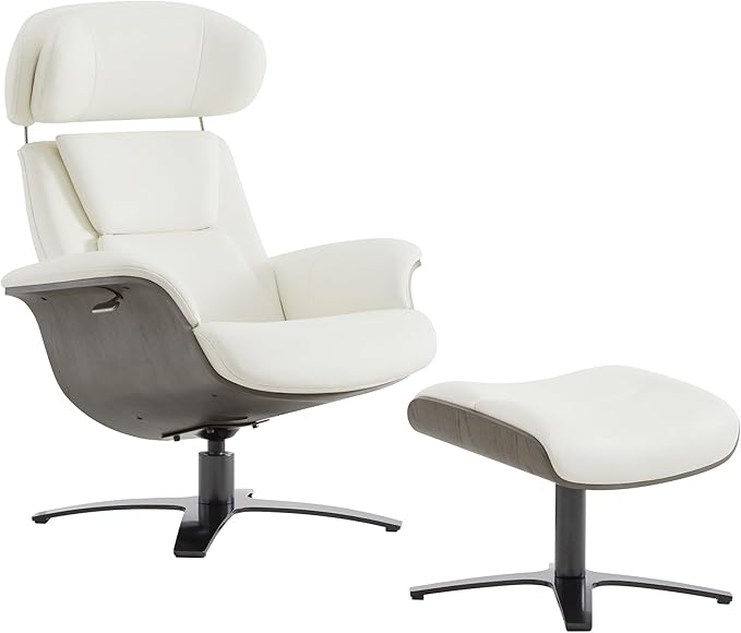 CHITA Genuine Leather Reclining Swivel Chair with Adjustable Headrest and Ottoman for Living Room, White-DeskLoop Office