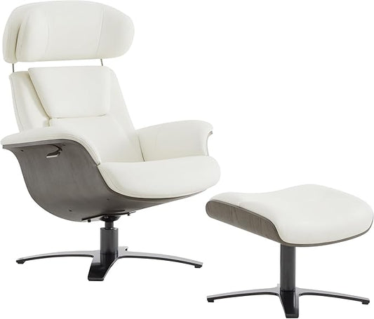 CHITA Genuine Leather Reclining Swivel Chair with Adjustable Headrest and Ottoman for Living Room, White-DeskLoop Office