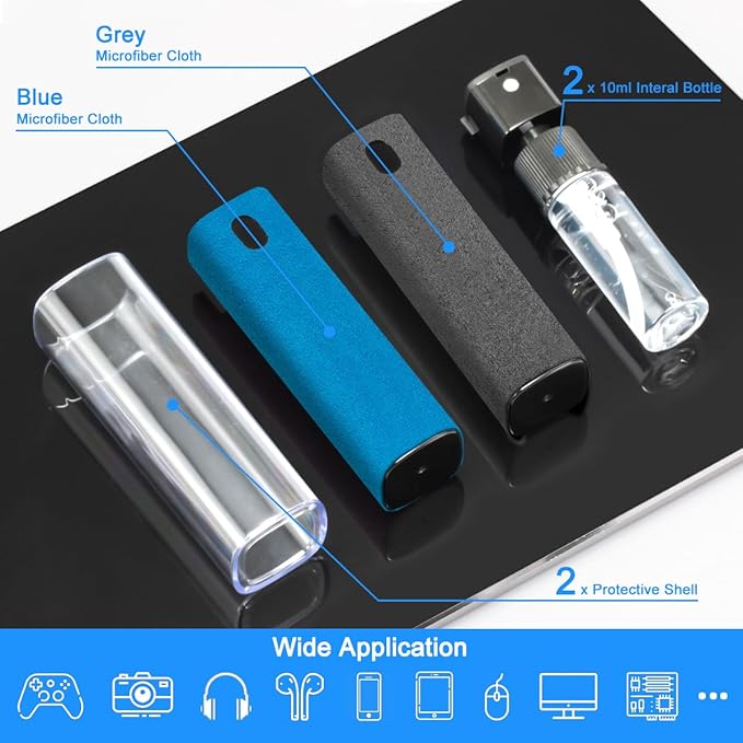 2 Pack Car Touch Screen Mist Cleaner, walrfid Laptop Screens and Phone Touchscreen Cleaning Kit for iPad, iPhone, MacBook Pro with Aipods Cleaning Pen, Small Brush and Eyeglass Cloth - Grey and Blue-DeskLoop Office