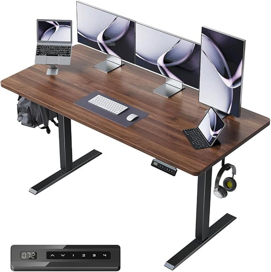 FEZIBO One-Piece Standing Desk Adjustable Height Stand up Home Office Desk, 55x24 Inch Electric Standing Computer Desk, with 4 Memory Presets, Fixable casters, Black Walnut-DeskLoop Office