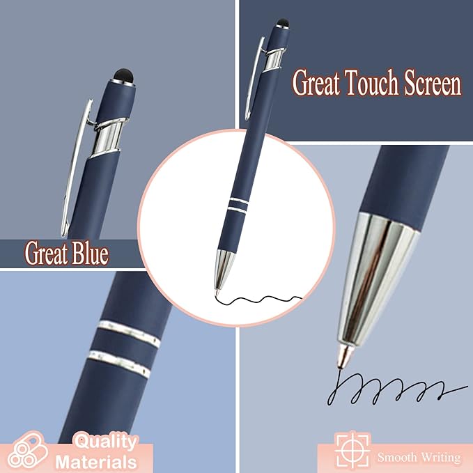 PASISIBICK 12 Pieces Blue Ballpoint Pen with Stylus Tip, 2 in 1 Stylus Stylish Pen, Premium Metal Stylus Pen for Touch Screens, Black Ink, 1.0 mm Medium Point.(12 PCS Blue)