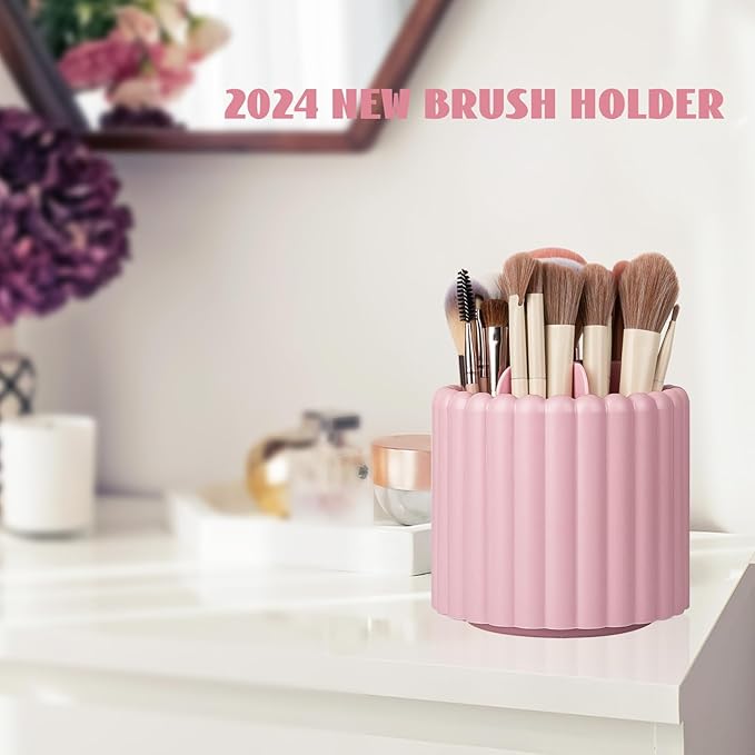 Anyoifax 360 Rotating Makeup Brush Holder 7 Slots Make Up Brush Organizer Removable Spinning Cosmetic Brushes Storage Pen Holder for Vanity, Dresser, Desk, Pink-DeskLoop Office