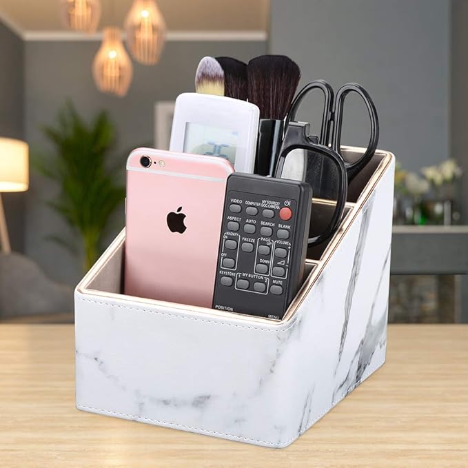 KINGFOM Remote Control Holder with 3 Compartments, Pu Leather Remote Caddy Desktop Organizer for TV, CD, Blu-Ray, Media Player, Heater Controllers and Cosmetics Office Supplies (White Marble)-DeskLoop Office