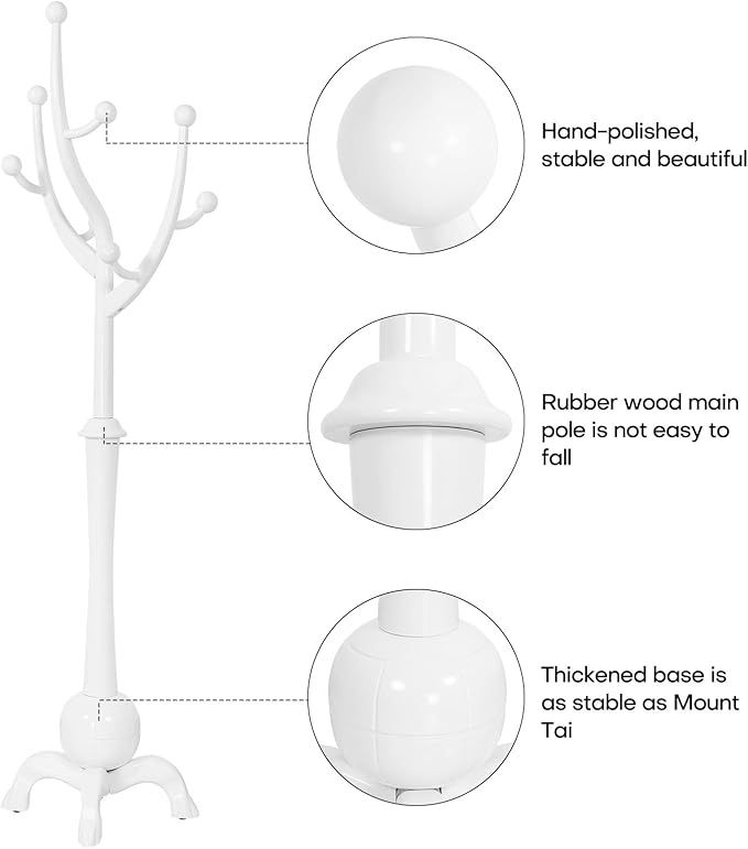 Coat Rack, Solid Wood Coat Racks Stand, Free Standing Coat Rack Coat Hanger with Hooks for Jaceket, Winter Coats, Entryway, Hallway, Bedroom - Load 160lbs (White)-DeskLoop Office