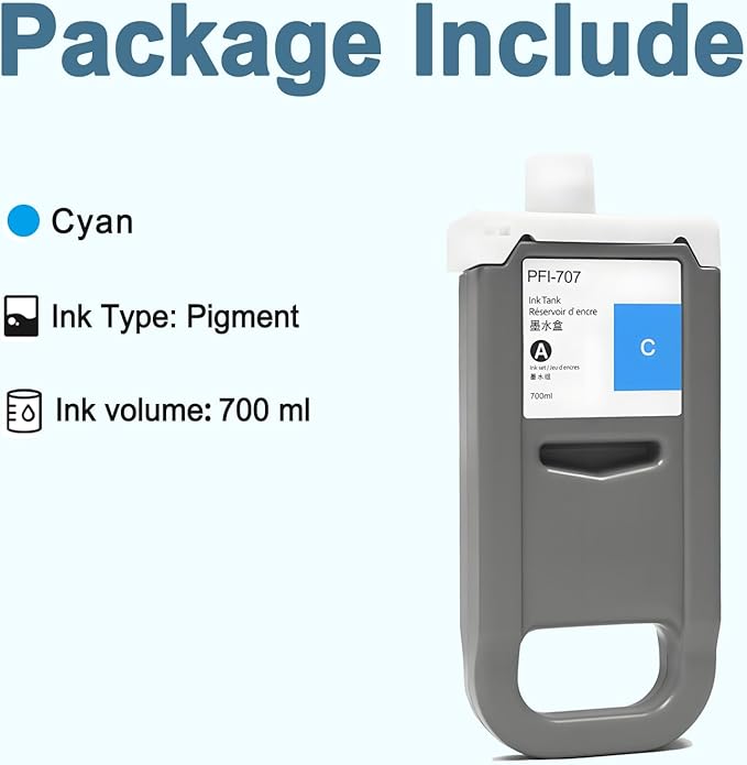 PFI-707 Ink Cartridge PFI707 Ink Tank Compatible with Canon imagePROGRAF PF830, iPF840, iPF850 CAD Plotters 700 ML (1-Pack, Cyan)-DeskLoop Office