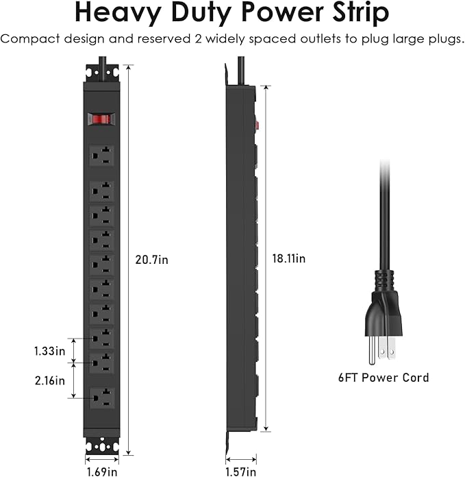 JUNNUJ Multi Angle Mount 10 Outlet 20 Amp Power Strip Heavy Duty, 2700J Surge Protector Under Desk with Switch 20A, Garage Workbench Gaming Outlet Table Wall Mountable, 6FT 12AWG Extension Cord-DeskLoop Office