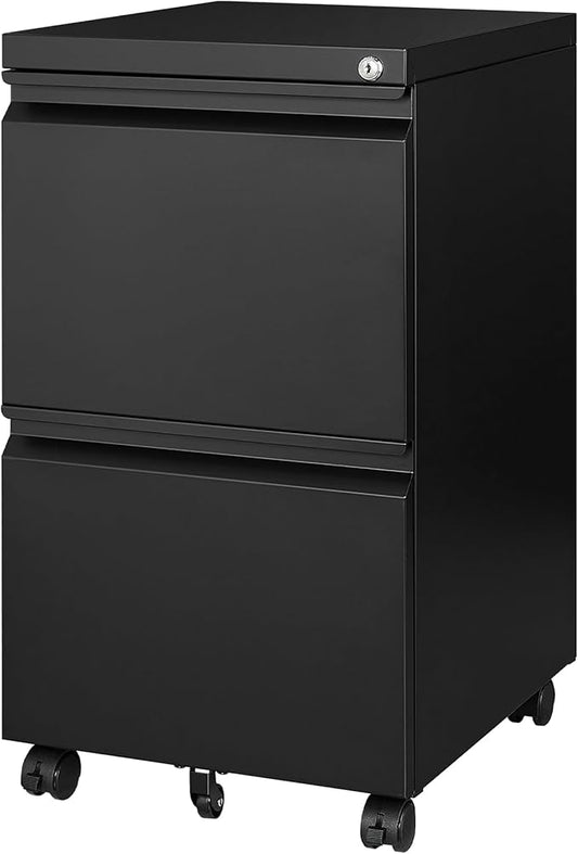 Mobile File Cabinet with Lock - 2 Drawer, Small Rolling Cabinet for Home Office, Legal/Letter/A4 (Black)-DeskLoop Office