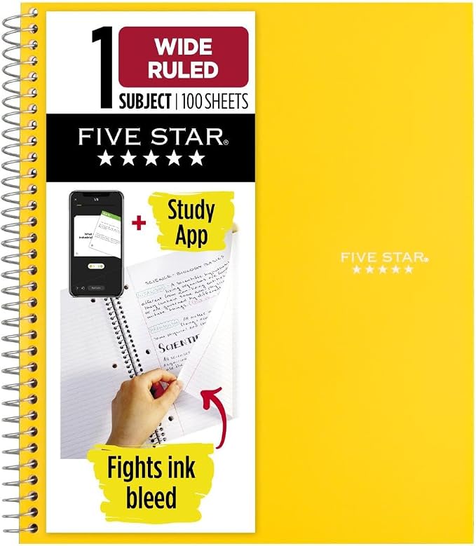 Five Star Spiral Notebook + Study App, 1 Subject, Wide Ruled Paper, 100 Sheets by FiveStar