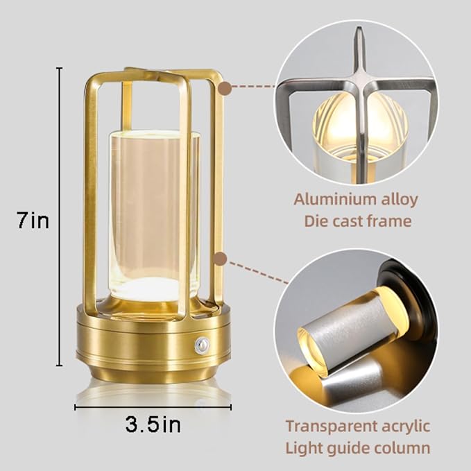 Crystal Table Lamp for Indoor and Outdoor, Rechargeable Cordless Lamp, 3-Colour 4000mAh Dimming Battery Powered Small Desk Lamp, Restaurant/Bedroom/Bar/Coffee Shop/Camping Light/nightlight-Gold-DeskLoop Office