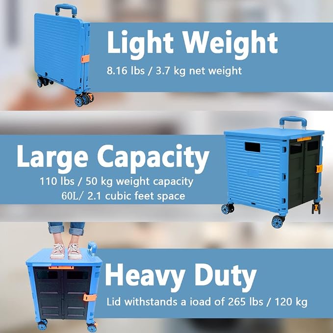 FELICON SELORSS Foldable Utility Cart Portable Rolling Crate-Light Blue | - Image 3