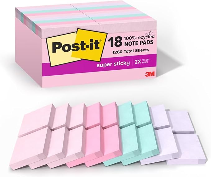 Post-it 100% Recycled Super Sticky Notes, 3 x 3 in, 12 Pads | School Supplies by Unknown