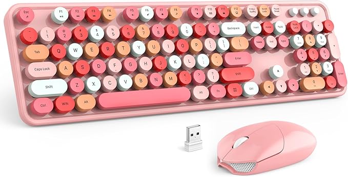 MOFII Wireless Keyboard and Mouse, Pink Colorful Round Key Retro Typewriter Keyboards, USB Wireless 2.4G Full Size Keyboard and Cute Mice Combo for Computer, Laptop, PC, Chromebook, Smart TV-DeskLoop Office