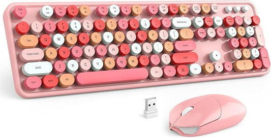 MOFII Wireless Keyboard and Mouse, Pink Colorful Round Key Retro Typewriter Keyboards, USB Wireless 2.4G Full Size Keyboard and Cute Mice Combo for Computer, Laptop, PC, Chromebook, Smart TV-DeskLoop Office