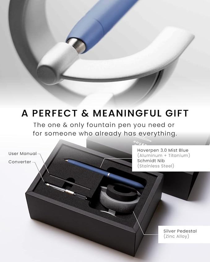 novium Hoverpen Future Edition - Luxury Metal Fountain Pen With Fine Nib, Aerospace Metal Made, Futuristic Aesthetic Desk, Free Spinning Executive, Signing Pen (Mist Blue)-DeskLoop Office
