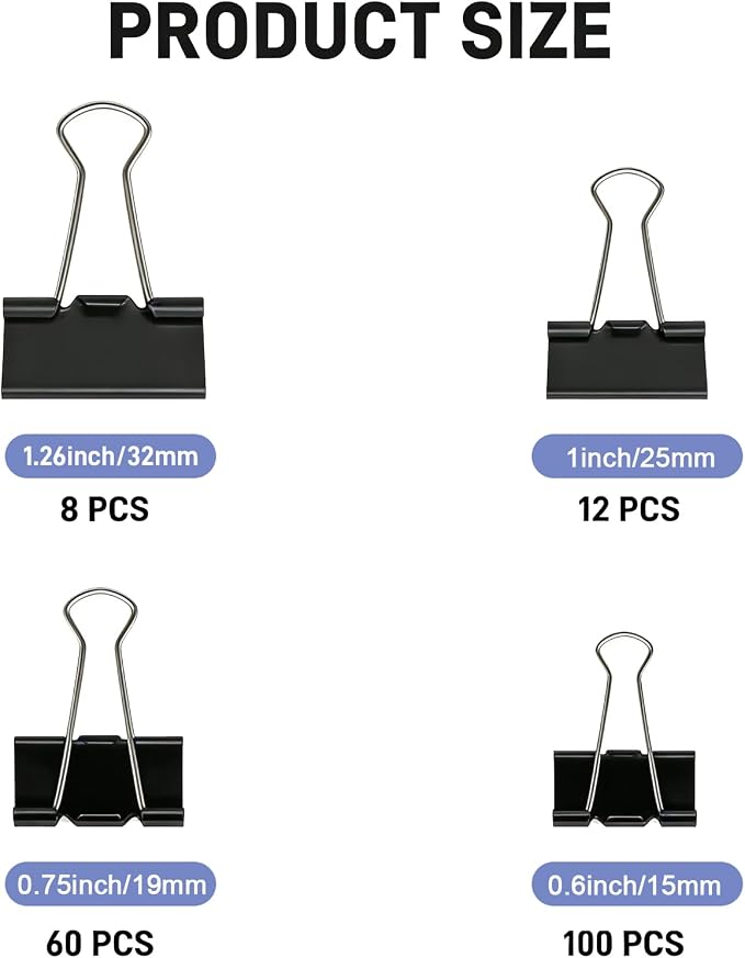 180 Pack All Black Binder Clips Bulk, 4 Size Assortment Includes Large - Image 2