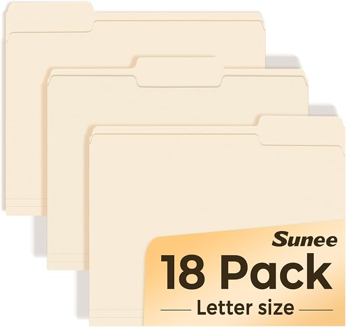 SUNEE File Folders, 18 Pack Manilla Folders 8.5 x 11, 1/3 Cut Tab by SUNEE