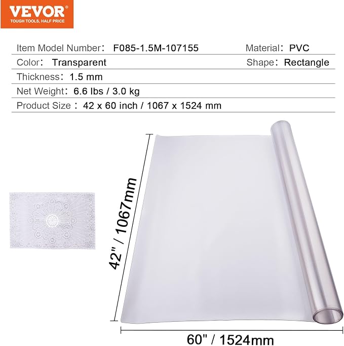 VEVOR Plastic Table Cover, 42 x 60 Inch 1.5 mm Thick Frosted Rectangle PVC Desk - Image 7
