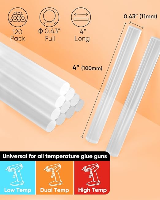 SHALL Full Size Hot Glue Sticks, 0.43” Dia x 4” Long, 120-pack Clear Hot Melt Glue Gun Sticks for All-Temp Glue Guns, Multipurpose for Kids Adults DIY Art Craft Sealing Repairing Festival Decoration-DeskLoop Office