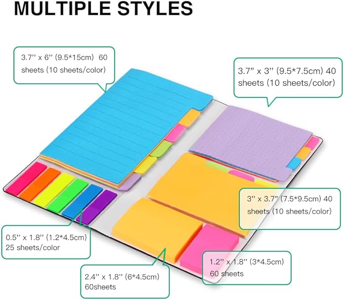 Sticky Notes Set, Hommie Colored Divider Self-Stick Notes Pads Bundle, Prioritize with Color Coding, 60 Ruled (3.7x6), 40 Dotted (3.7x3), 40 Blank (3x3.7), 60 Per Rectangular, 25 Per PET Color-DeskLoop Office