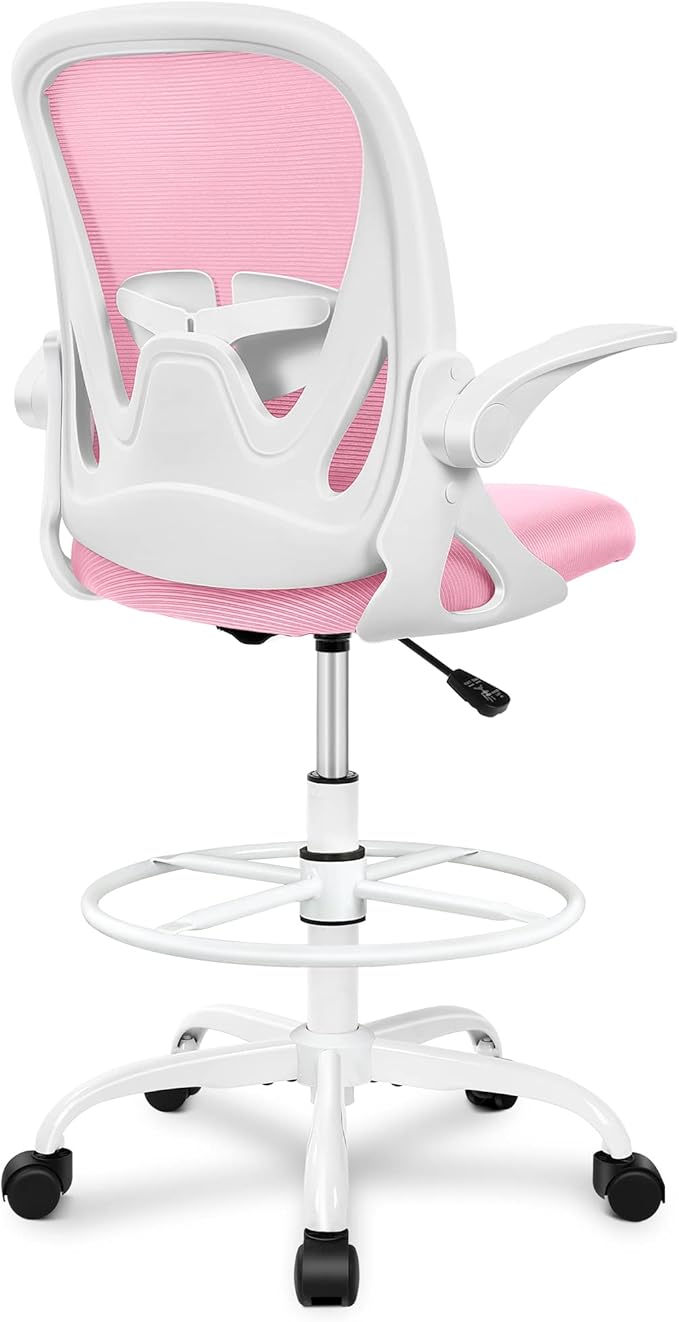 Primy Drafting Chair Tall Office Chair with Flip-up Armrests Executive Ergonomic Computer Standing Desk Chair with Lumbar Support and Adjustable Footrest Ring (Pink)-DeskLoop Office