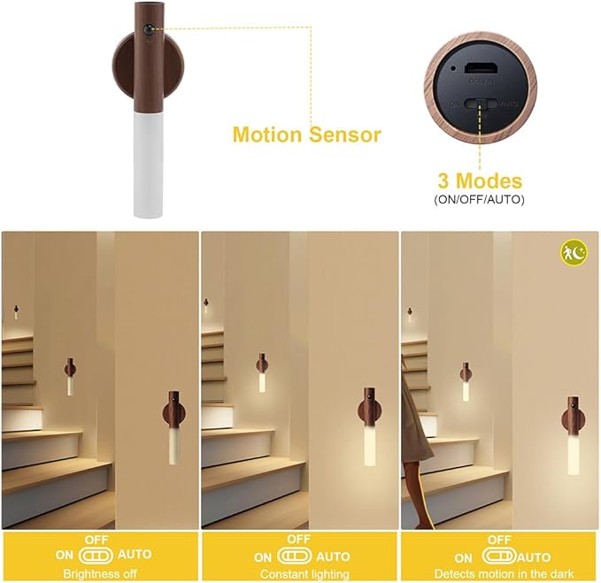 LANDGOO Wooden Motion Sensor Night Lights Magnet Body Sensor Hallway Night Lights Rechargeable Led Light Portable Stairway Wall Sconce Battery Powered Cabinet Lights (Walnut Wood 1PC)-DeskLoop Office