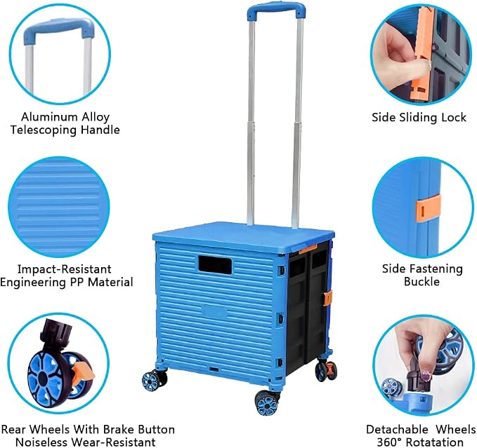 FELICON SELORSS Foldable Utility Cart Portable Rolling Crate-Light Blue | - Image 2