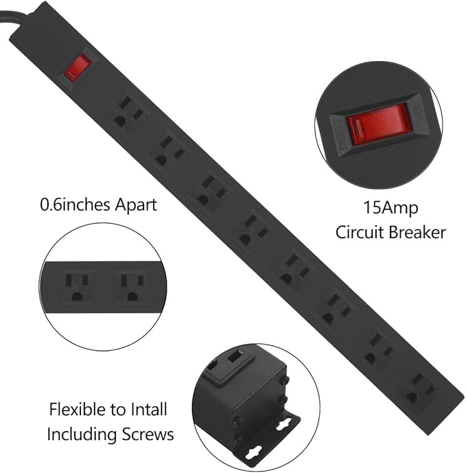 HHSOET Metal 8 Outlet Mountable Power Strip, Wall Mount Outlet Heavy Duty, Wide Spaced Commercial Shop Power Strip with Switch, 15A 125V 1875W, 6 FT SJT 14AWG Power Cord.(Black)-DeskLoop Office