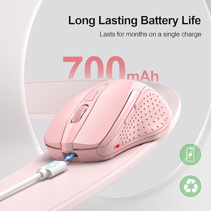 TECKNET Wireless Mouse (BT5.0/3.0 & 2.4G) Rechargeable 4800 DPI Silent USB A & Bluetooth Mouse 6 Buttons, Wide Compatibility - Pink-DeskLoop Office