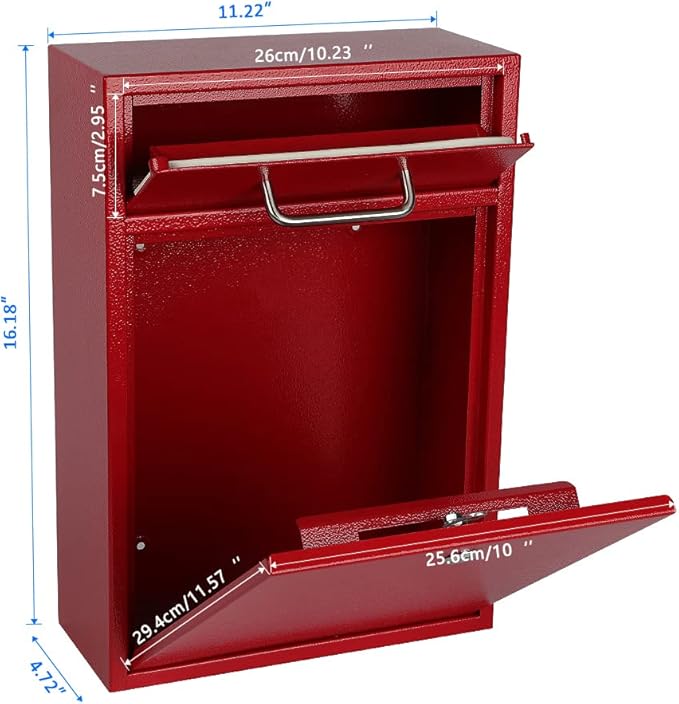 KYODOLED Steel Key Lock Mail Boxes Outdoor, Locking Wall Mount Mailbox, Security Key Drop Box, Collection Boxes,16.2H x 11.22L x 4.72W Inches, Red X Large-DeskLoop Office