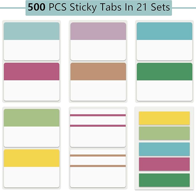 ELII 500 PCS Sticky Index Tabs 21 Sets, Colorful Book Tabs Sticky Tabs for Notebooks, Page Tabs for Binders, Page Markers Notebook Tabs-DeskLoop Office