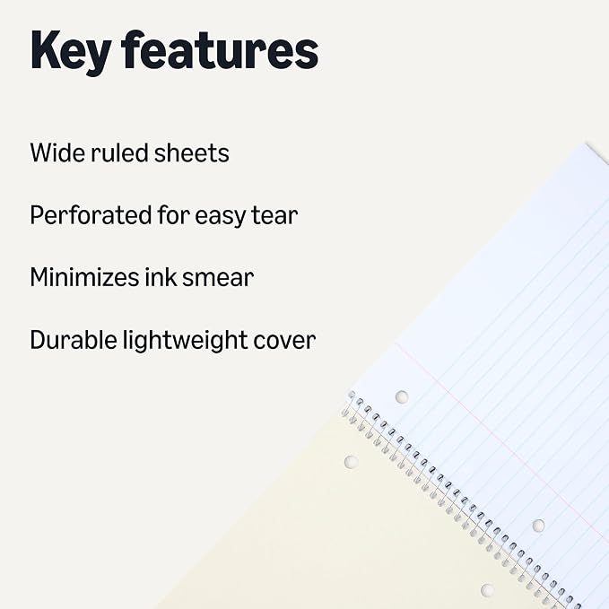 Amazon Basics Wide Ruled Spiral Notebooks, 70 Sheets, 5 Pack - Image 2