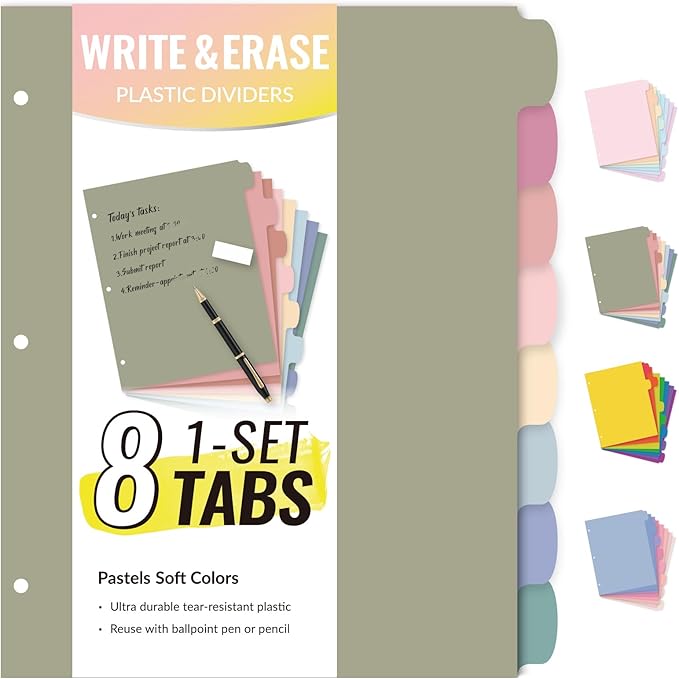 Sooez 8 Tabs Long-Lasting Plastic Write & Erase Large Tabs Dividers by Sooez