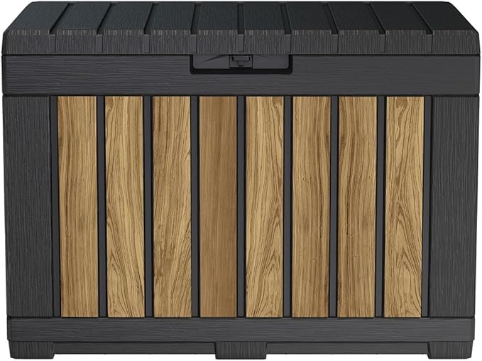 Keter Signature Collection 50 Gallon Resin Deck Box Organization and Storage Box for Patio Outdoor Cushions, Throw Pillows, Garden Tools and Pool Supplies, Oakridge-DeskLoop Office