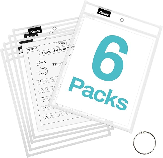 SUNEE 6 Packs Oversized Reusable Dry Erase Pocket Sleeves by SUNEE