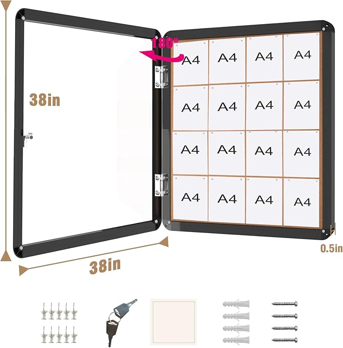 38"x38" Enclosed Bulletin Board, Lockable Weather-Resistant Aluminum Cork Noticeboard for School & Office Hospital, Black Frame w/Cork-DeskLoop Office
